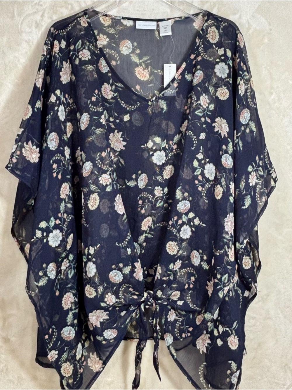 New York & Company Women’s Flowy Oversized Navy Floral Sheer Tie-Hem Tunic NWT